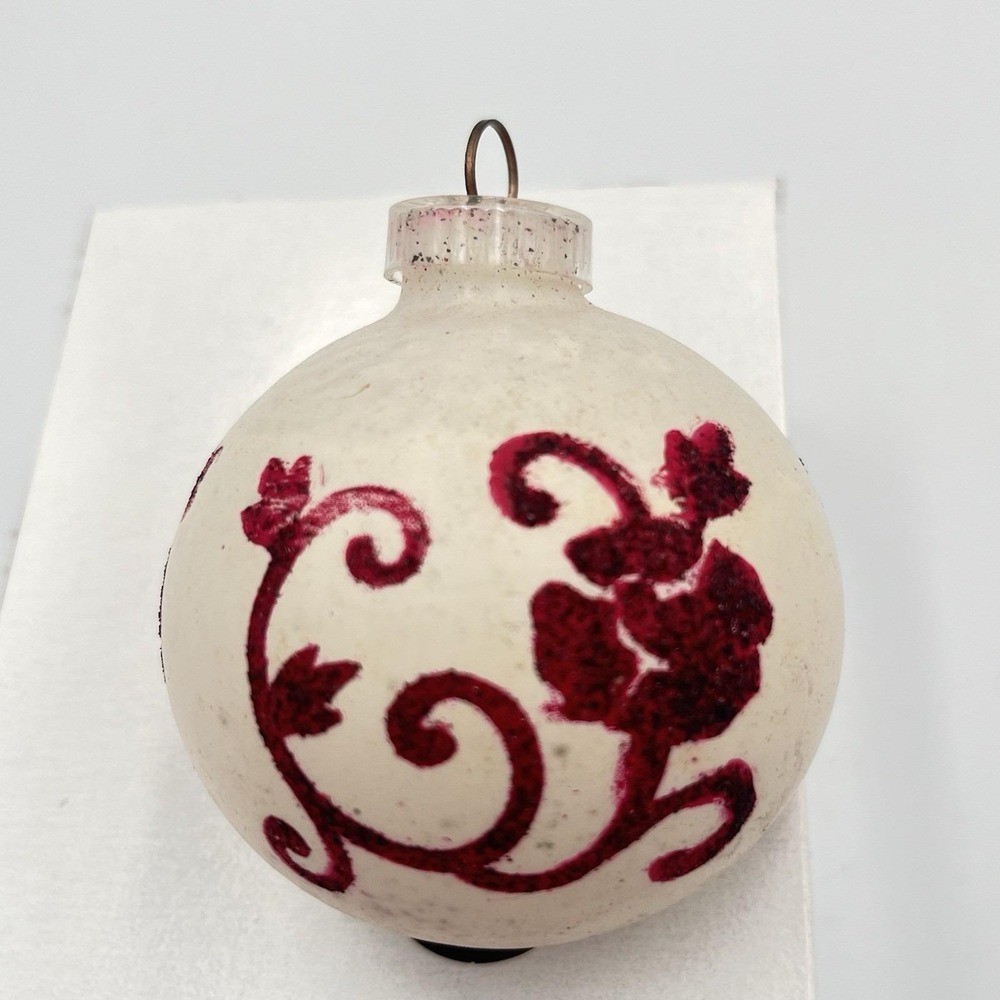 VTG Unsilvered Round Glass White Red Christmas Ornament MCM Austria Flower